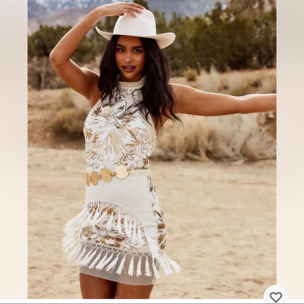 12th Tribe White and Gold sequin and fringe dress